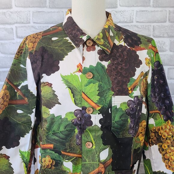 Flan Labs Printed Denim Jacket Men M Green Grapes Button Up NEW Art to Wear $495 - Picture 2 of 11